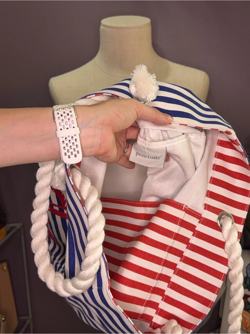 Punctuate Nautical Striped Canvas Tote Bag with Red Anchor Accent